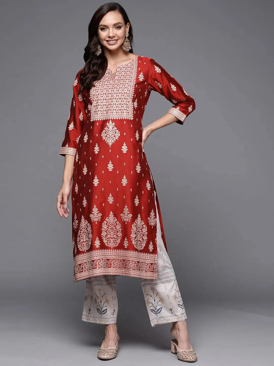 Buy Red Printed Silk Straight Kurta Online at Libas