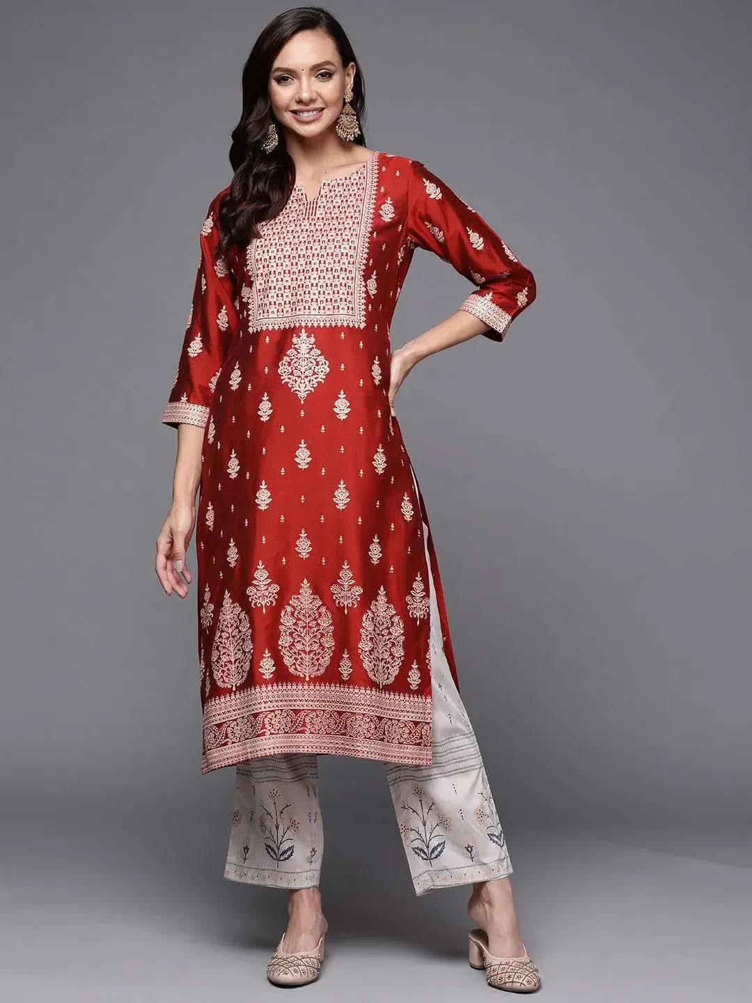 Red Printed Silk Straight Kurta - Libas