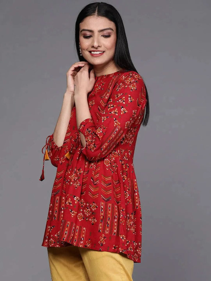 Red Printed Viscose Rayon Kurti - Libas