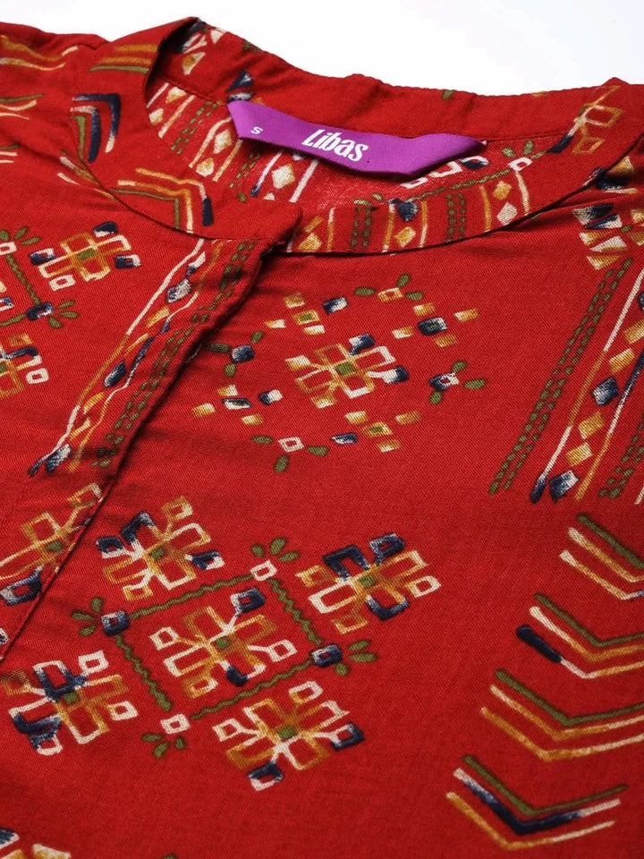 Red Printed Viscose Rayon Kurti - Libas