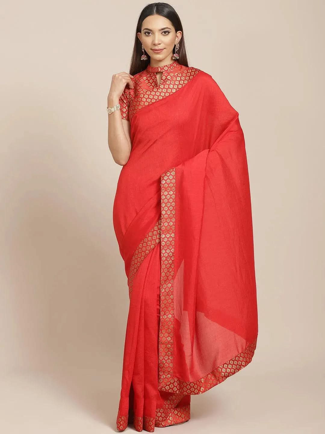 Red Solid Chiffon Saree - Libas