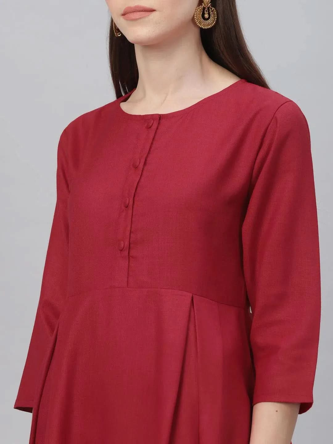Red Solid Cotton Dress - Libas
