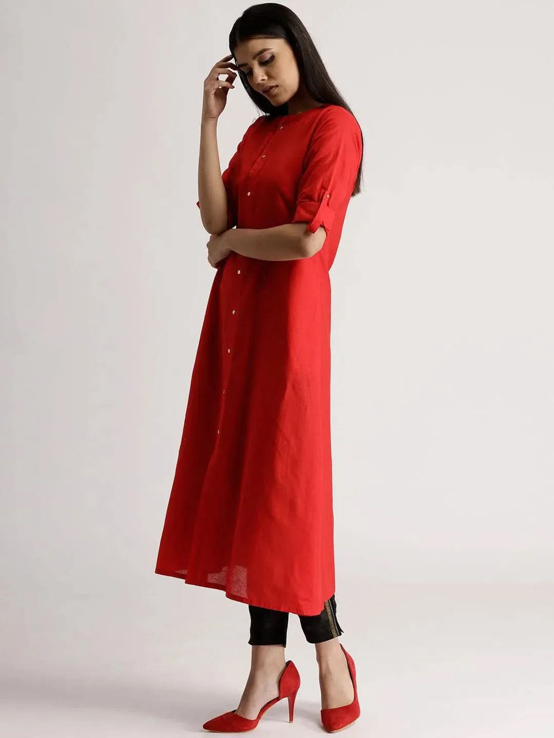 Red Solid Cotton Kurta - Libas