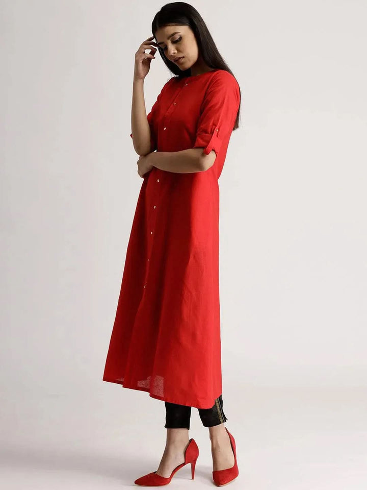Red Solid Cotton Kurta - Libas