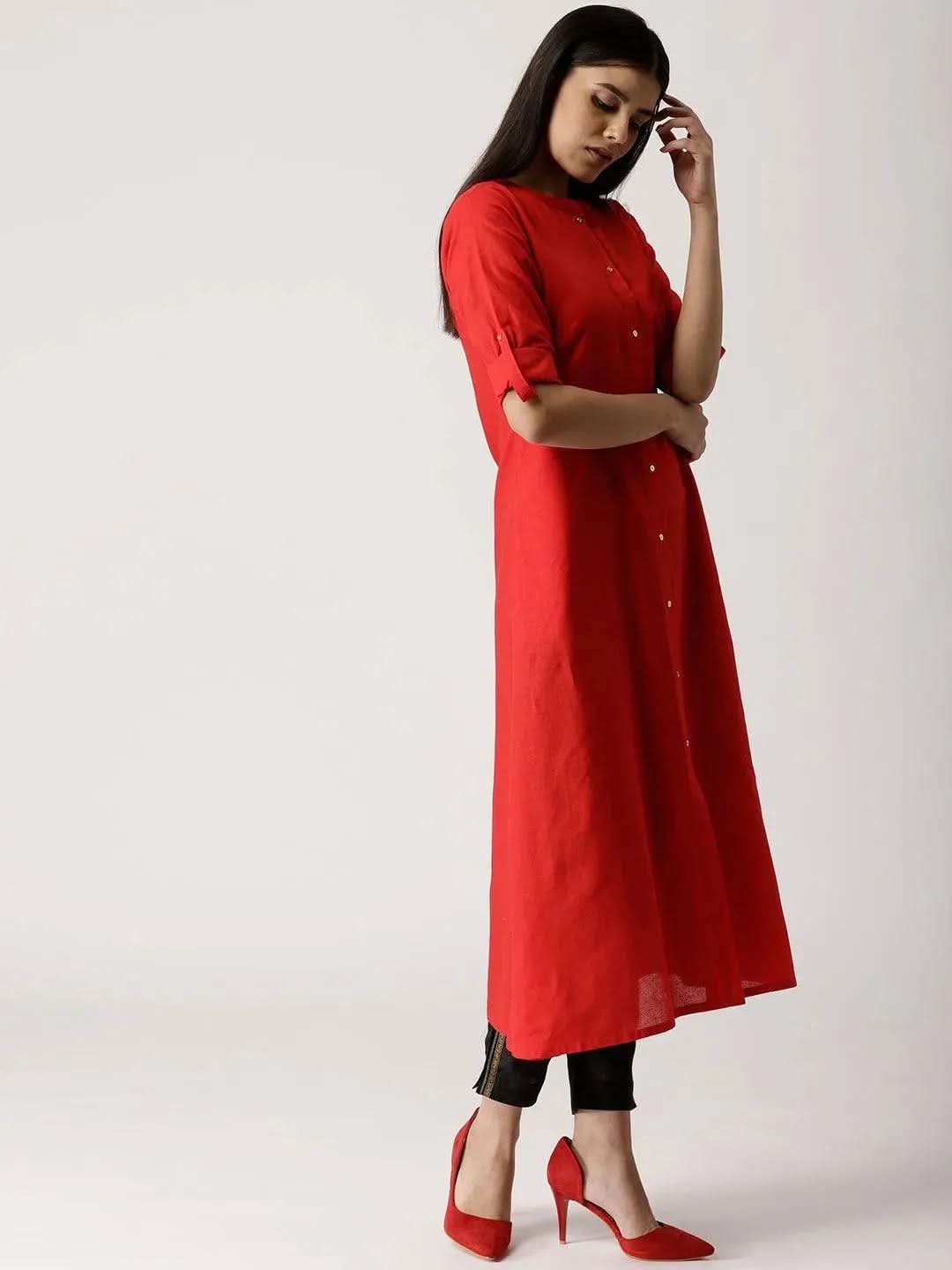 Red Solid Cotton Kurta - Libas