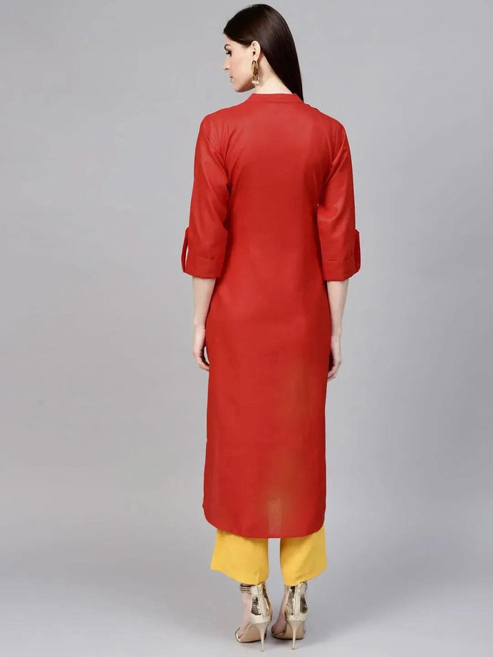 Red Solid Cotton Kurta - Libas
