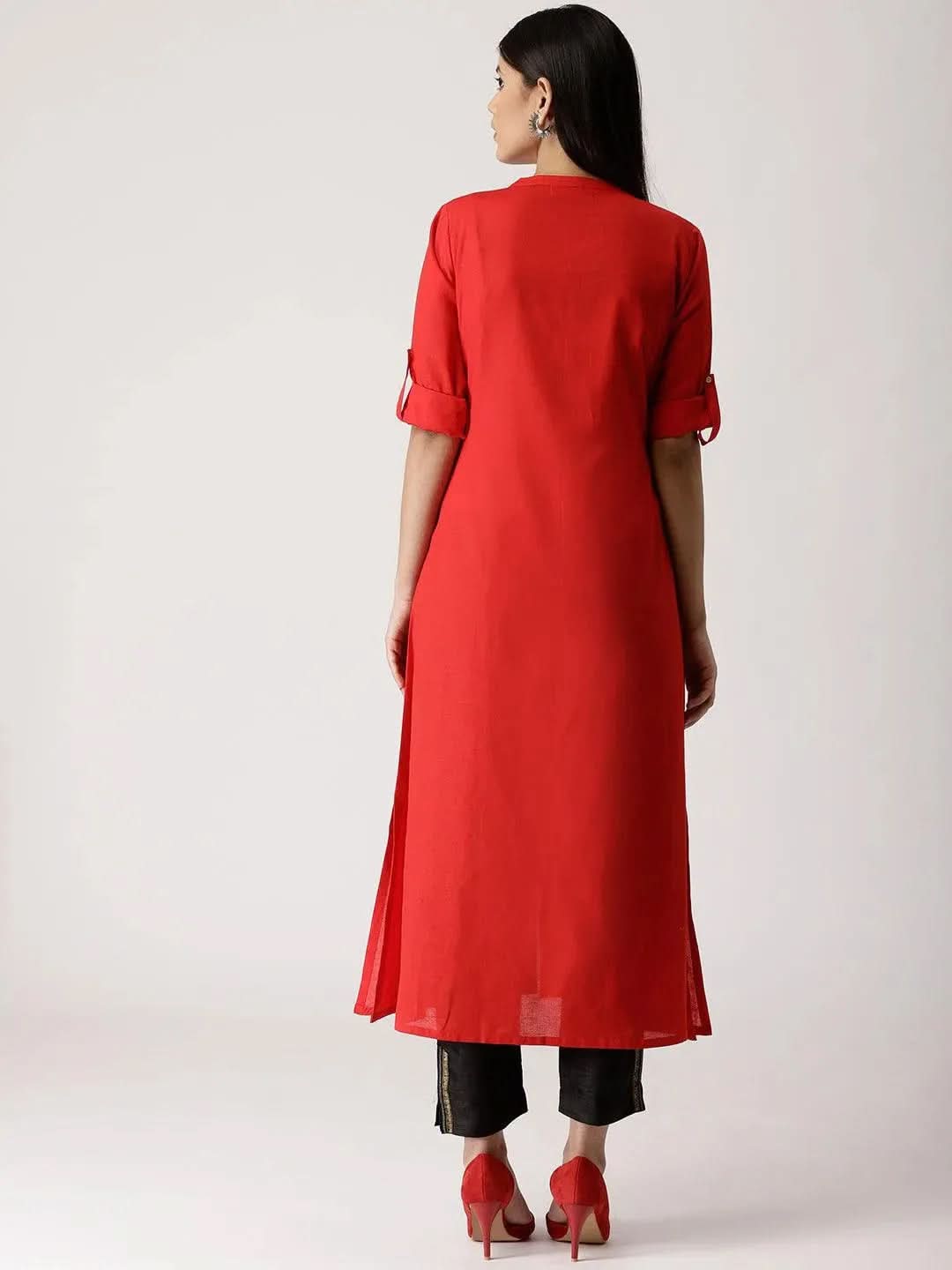 Red Solid Cotton Kurta - Libas