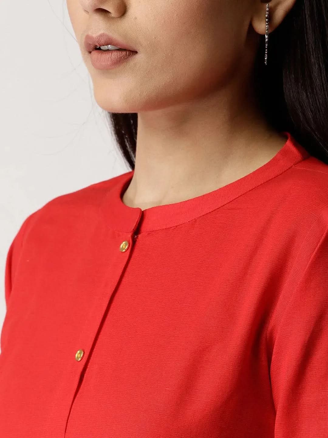 Red Solid Cotton Kurta - Libas