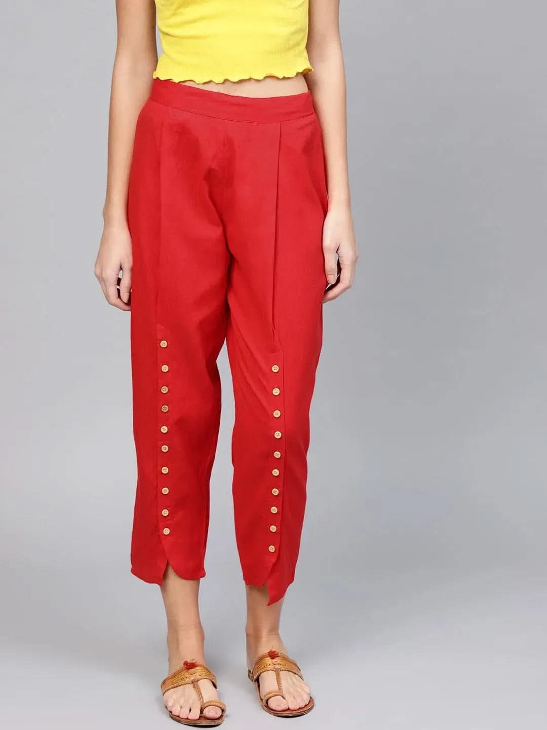 Red Solid Cotton Trousers - Libas