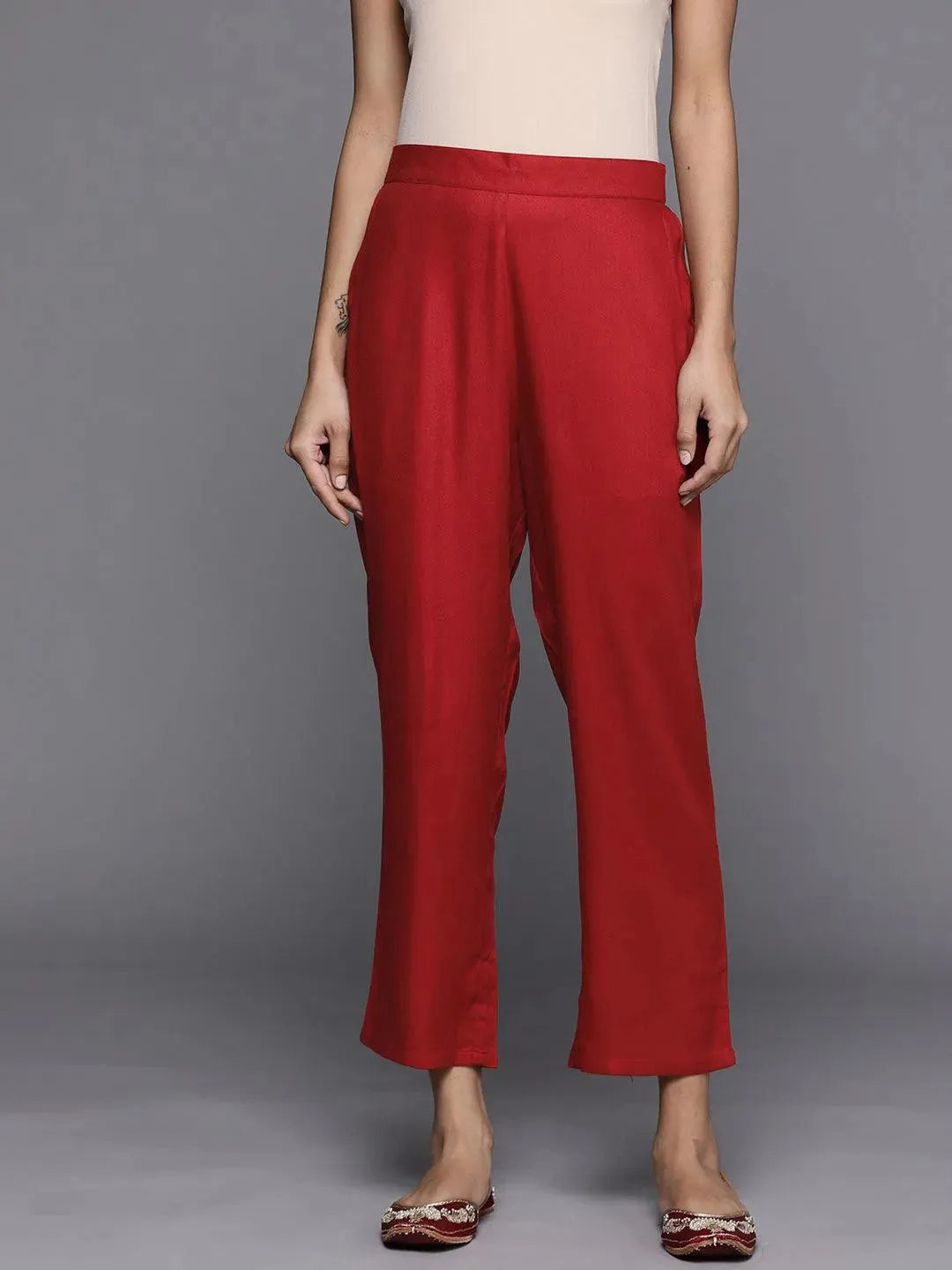 Red Solid Pashmina Wool Trousers - Libas