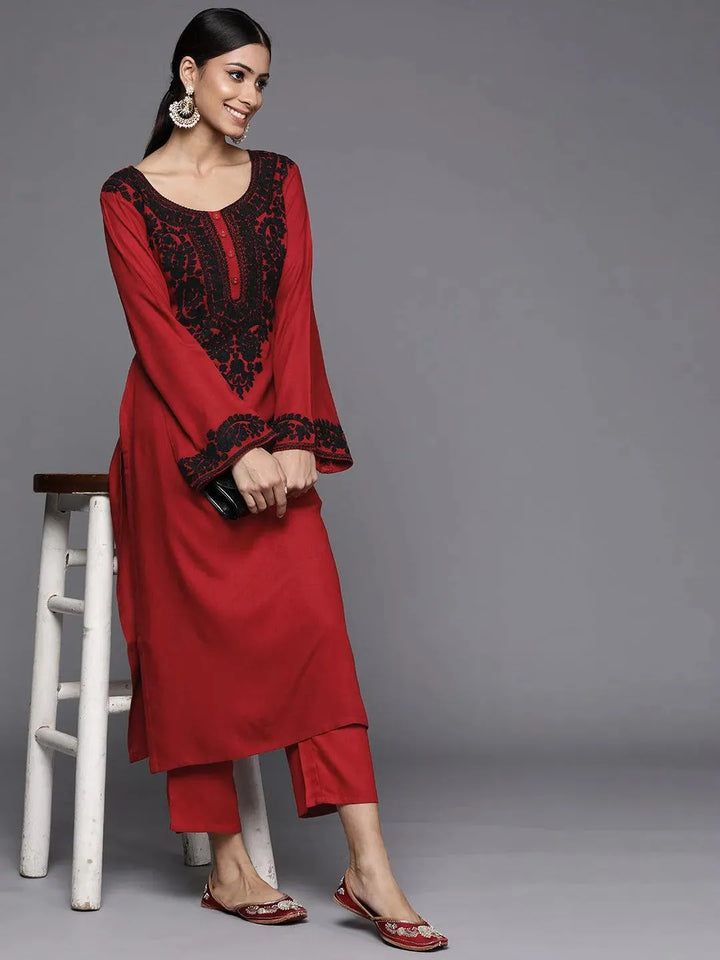 Red Solid Pashmina Wool Trousers - Libas