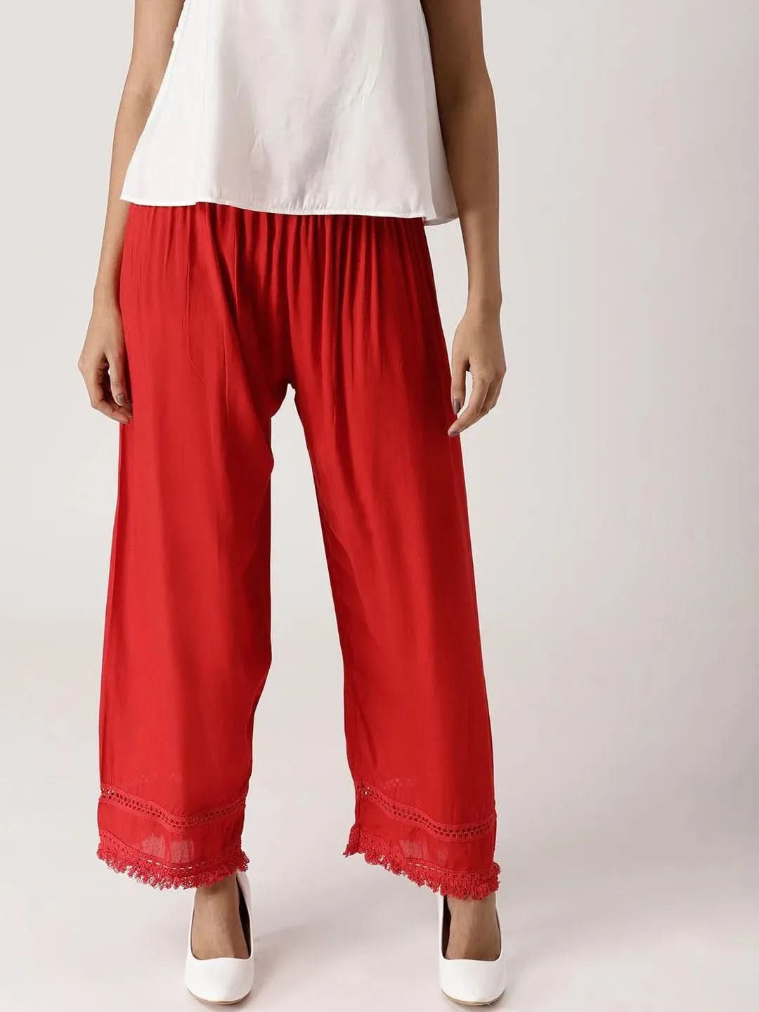 Red Solid Rayon Palazzos - Libas