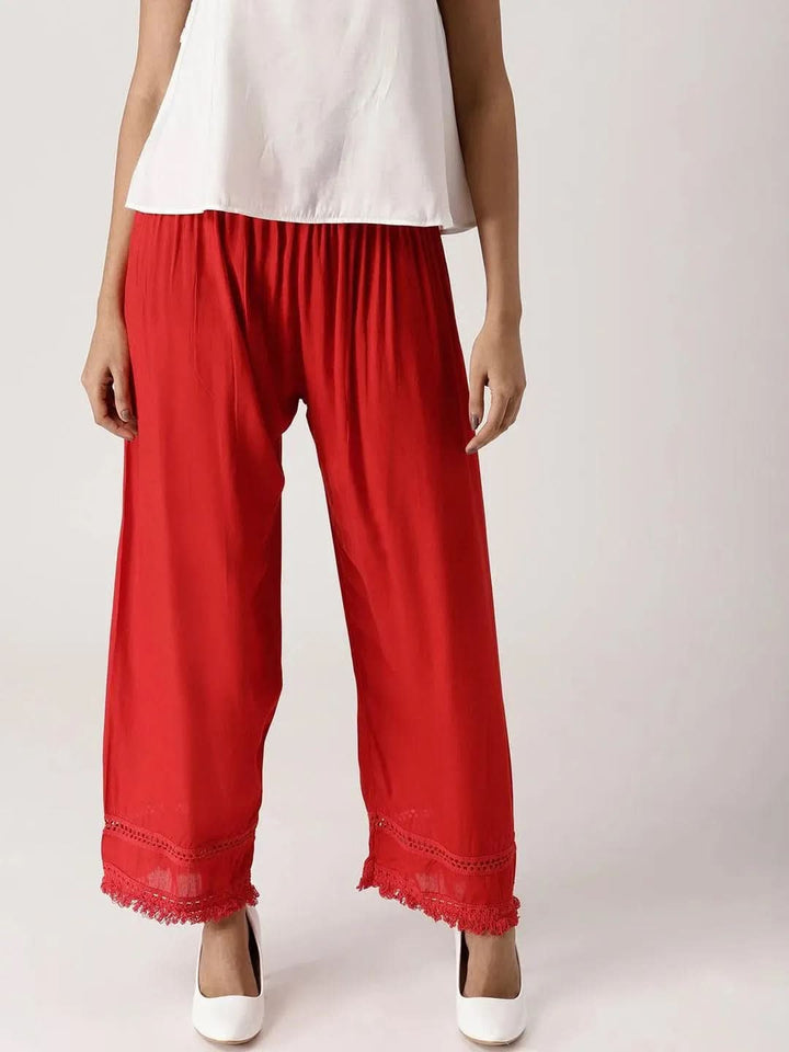 Red Solid Rayon Palazzos - Libas