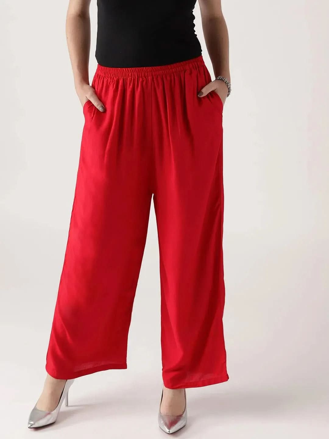 Red Solid Rayon Palazzos - Libas