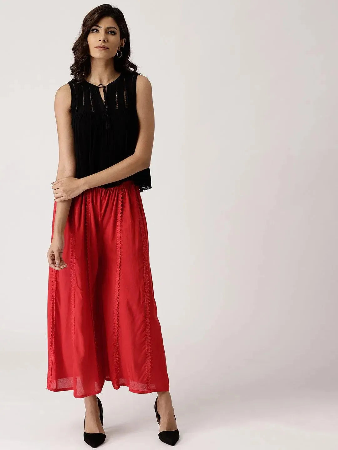 Red Solid Rayon Palazzos - Libas