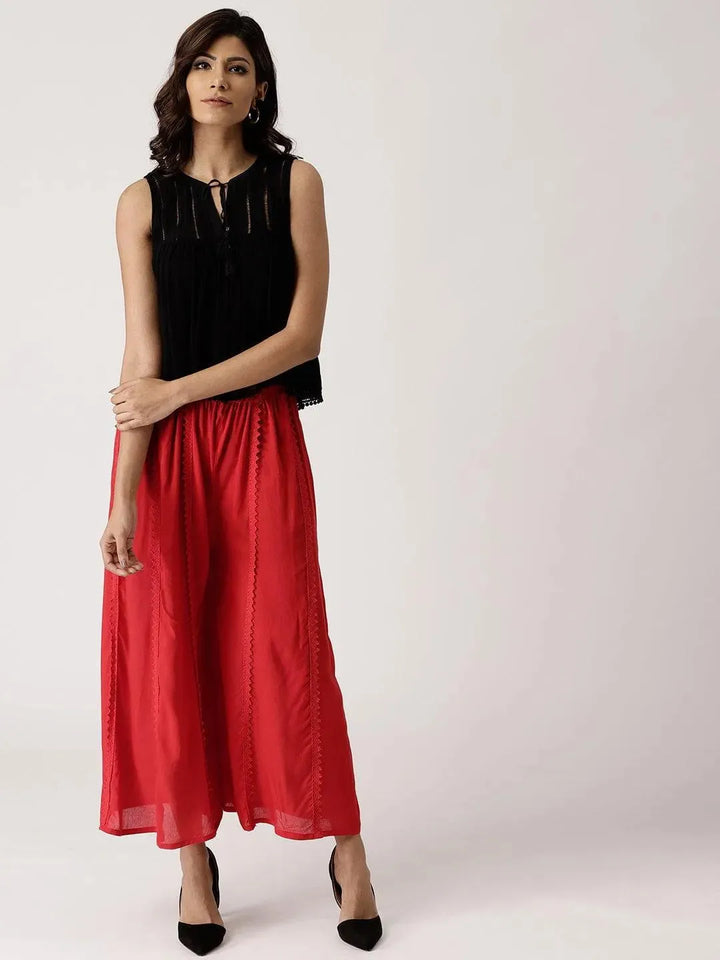 Red Solid Rayon Palazzos - Libas