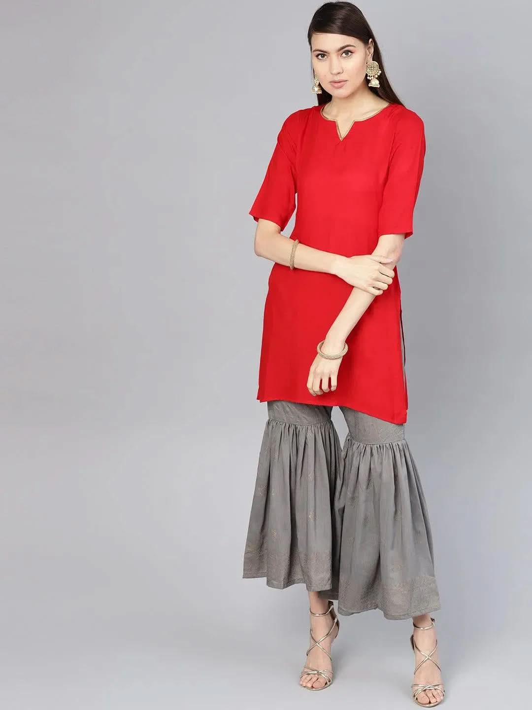 Red Solid Rayon Kurta Set - Libas