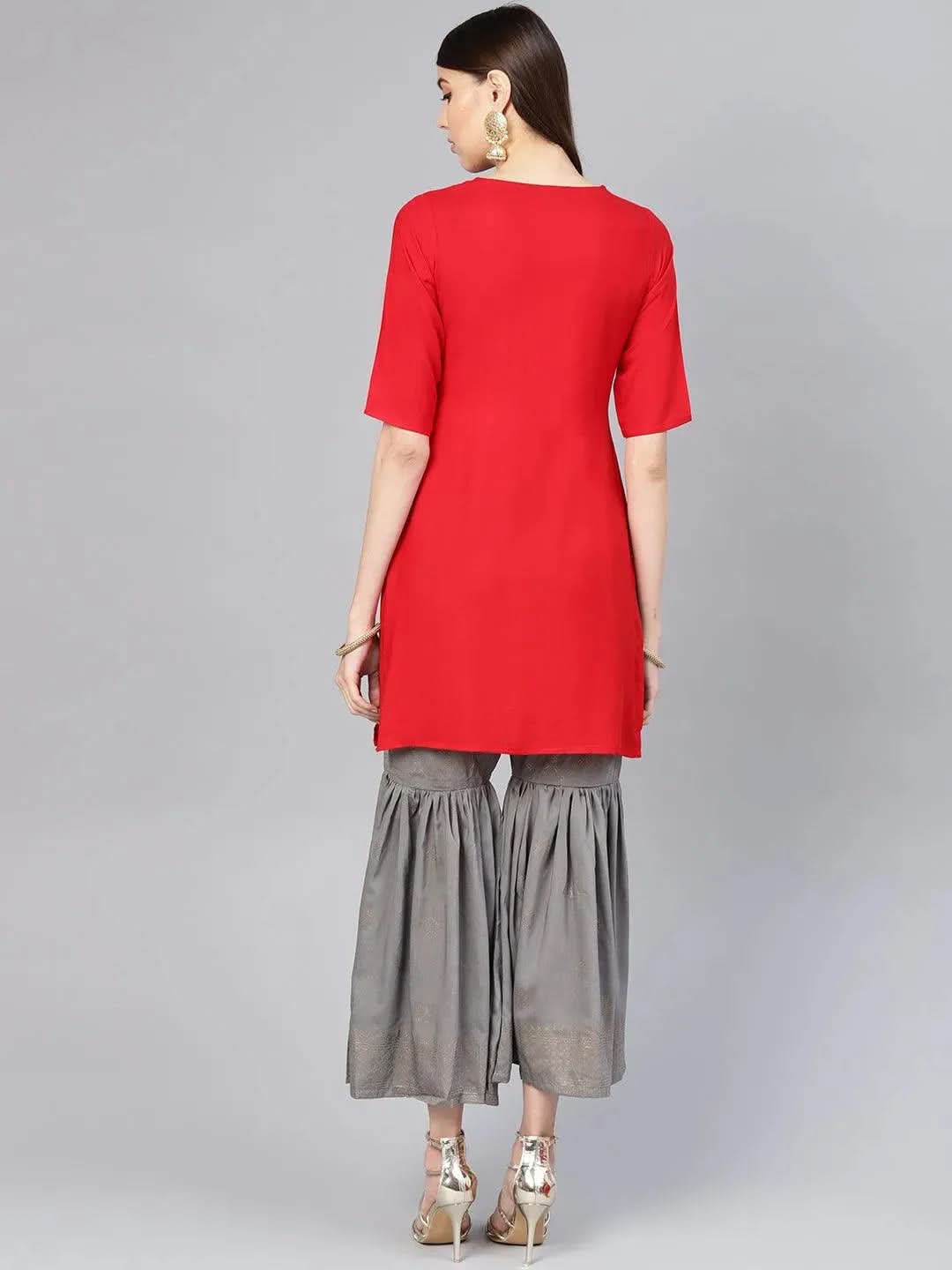 Red Solid Rayon Kurta Set - Libas