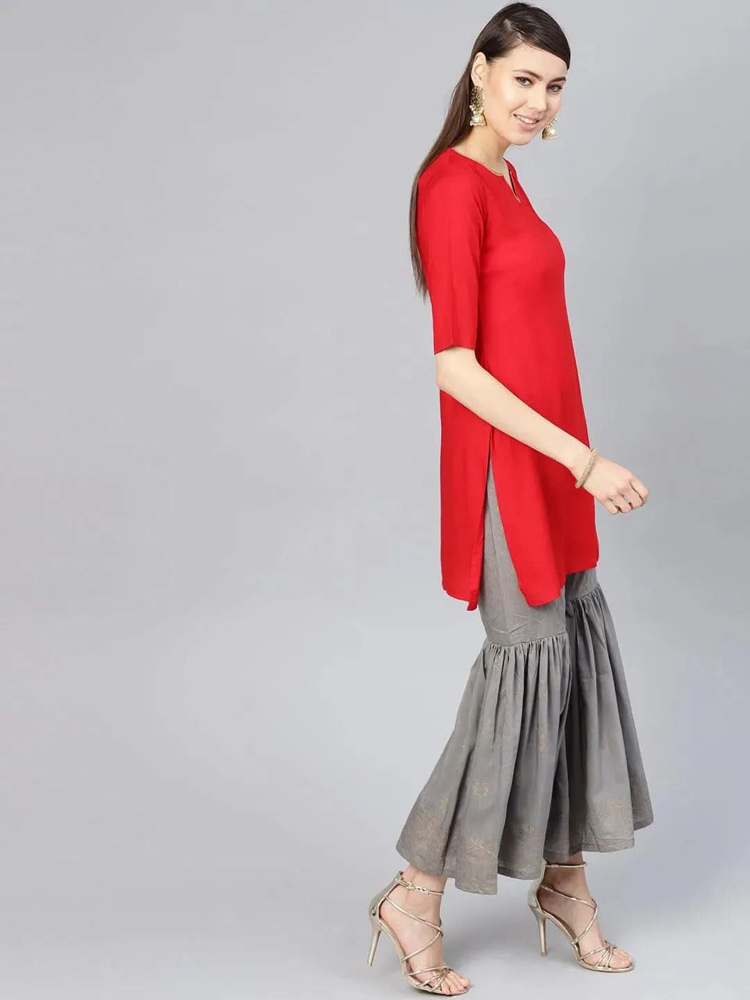 Red Solid Rayon Kurta Set - Libas