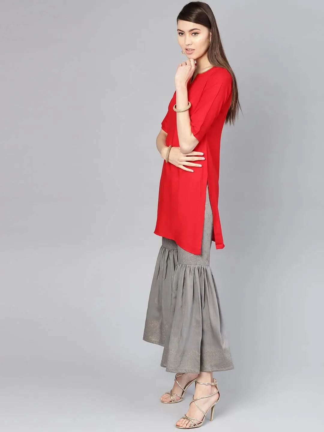 Red Solid Rayon Kurta Set - Libas