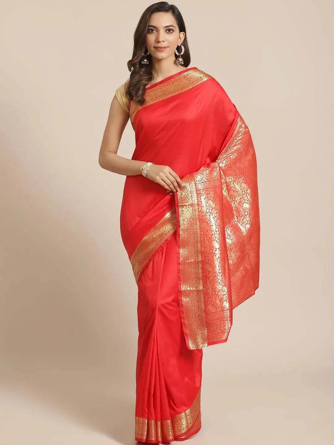 Red Solid Silk Blend Saree - Libas