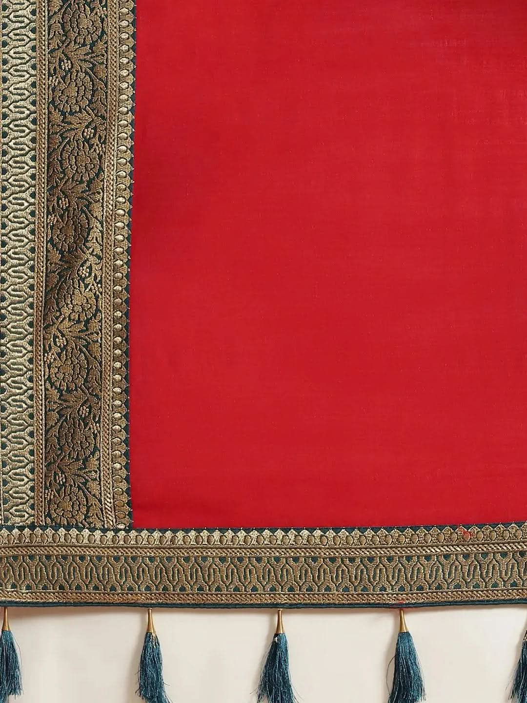 Red Solid Silk Blend Saree - Libas