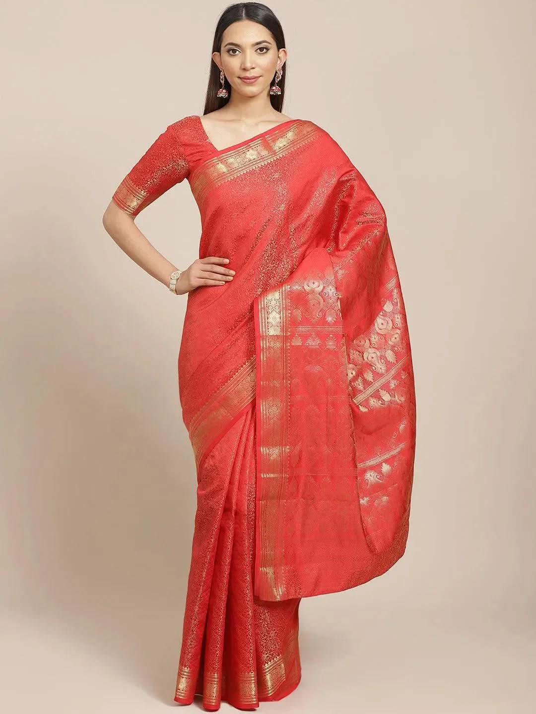 Red Woven Design Brocade Saree - Libas