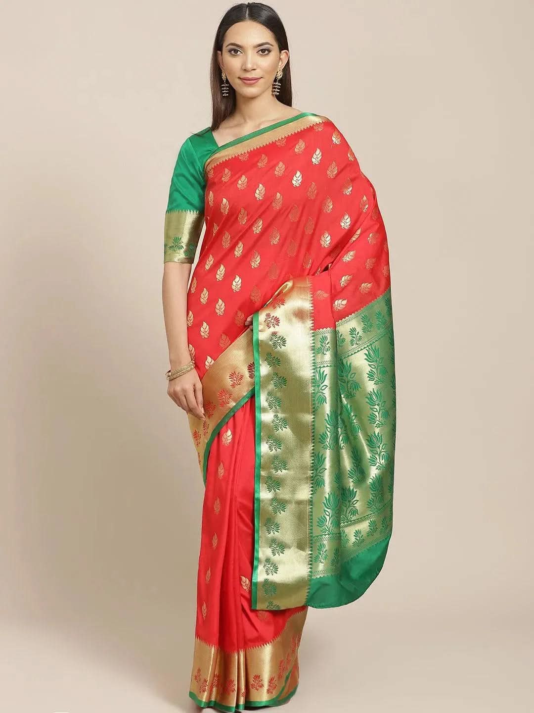 Red Woven Design Brocade Saree - Libas