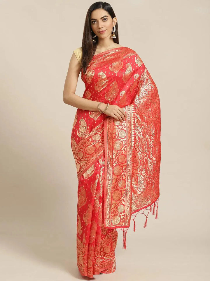 Red Woven Design Brocade Saree - Libas