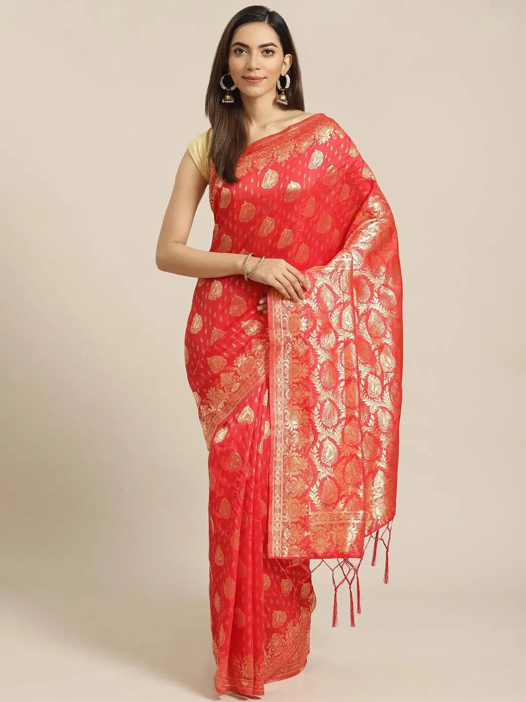 Red Woven Design Brocade Saree - Libas