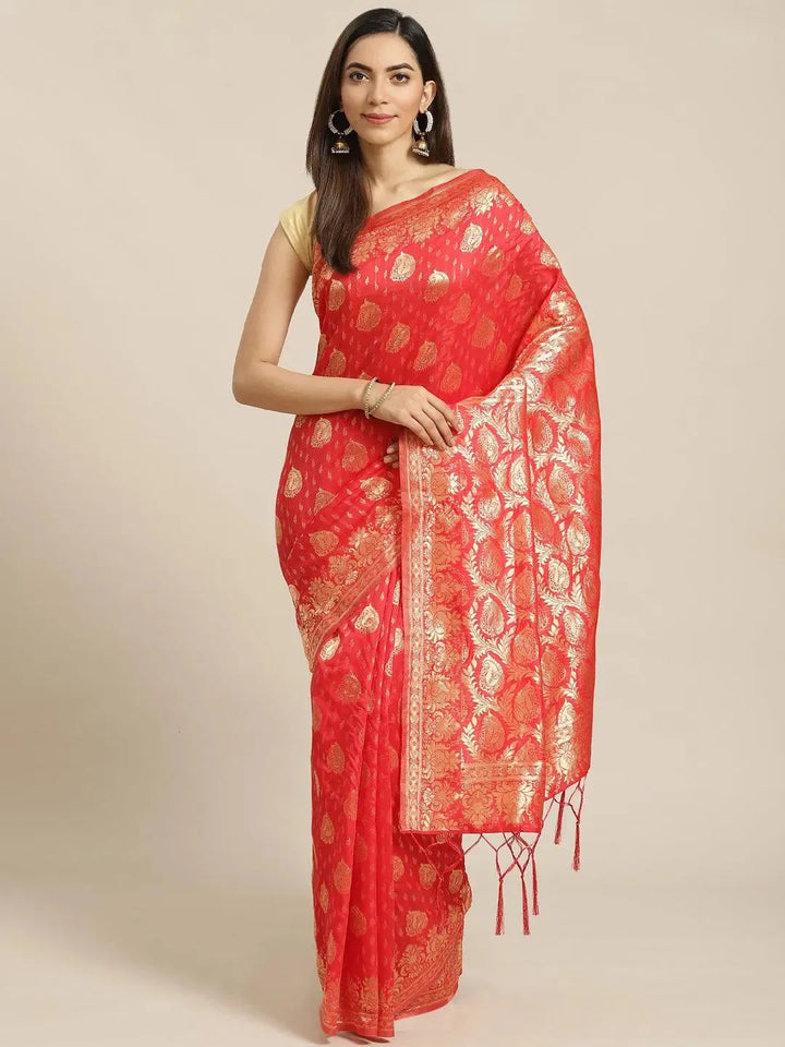 Red Woven Design Brocade Saree - Libas