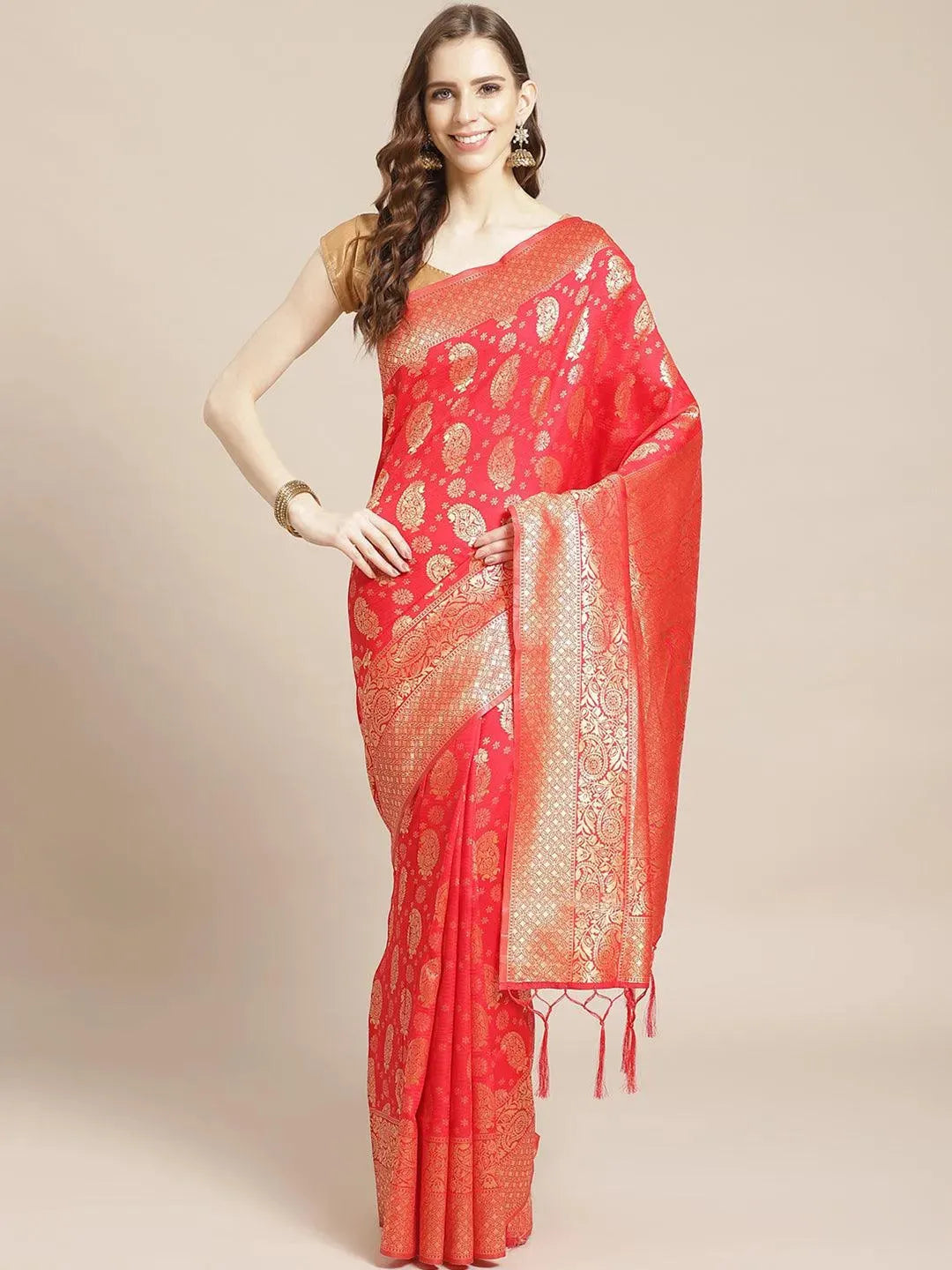Red Woven Design Brocade Saree - Libas