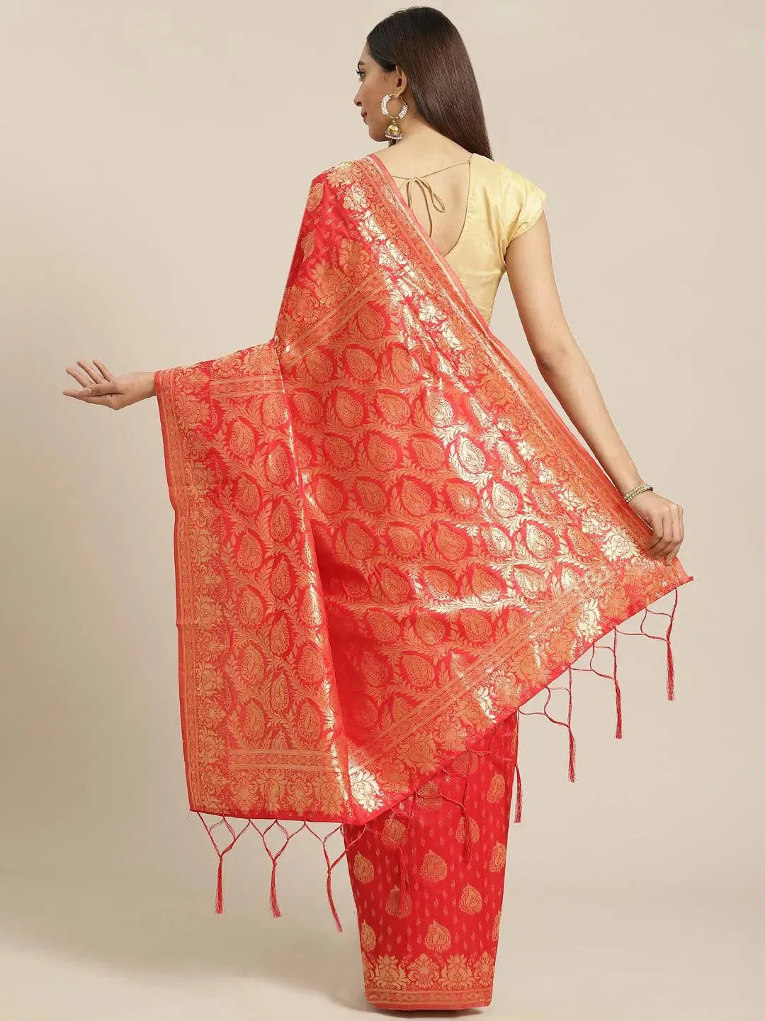 Red Woven Design Brocade Saree - Libas