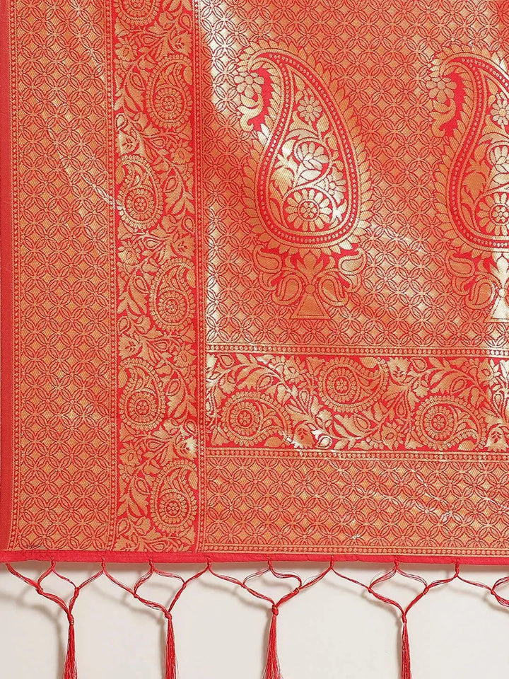 Red Woven Design Brocade Saree - Libas