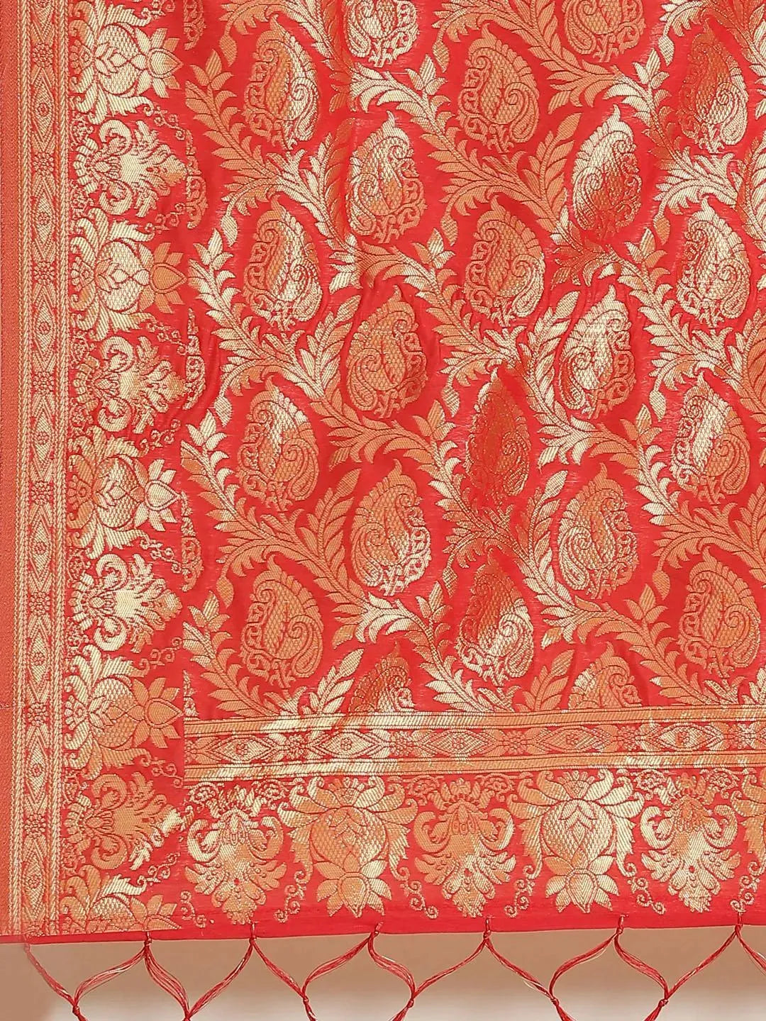 Red Woven Design Brocade Saree - Libas