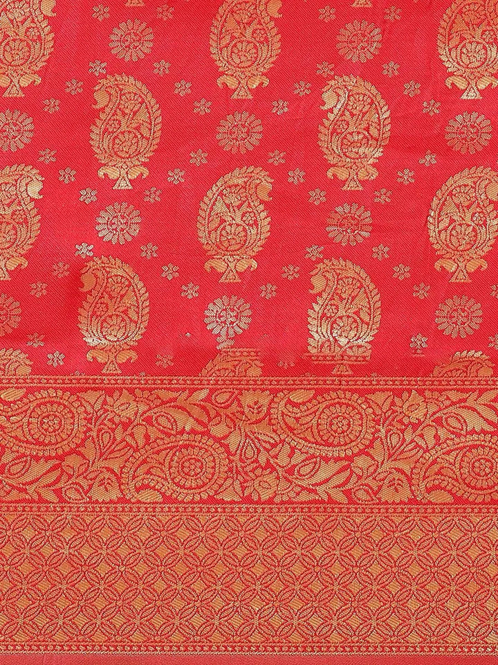 Red Woven Design Brocade Saree - Libas