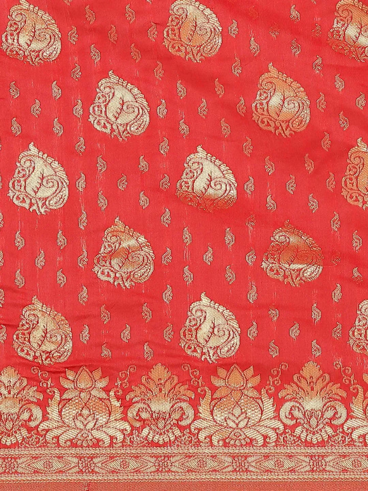 Red Woven Design Brocade Saree - Libas