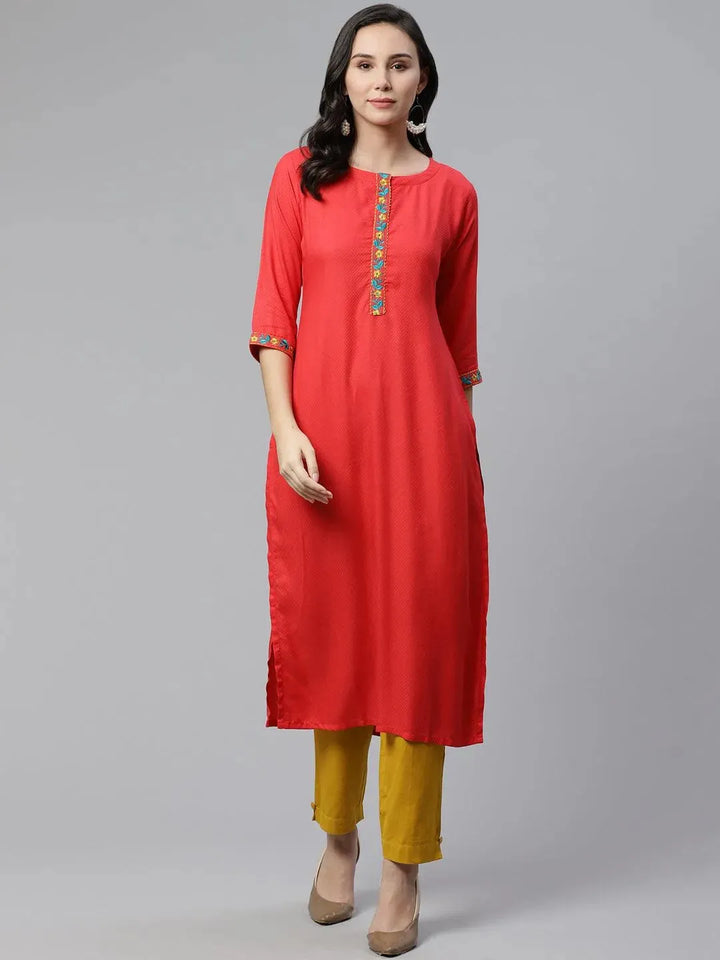 Red Woven Design Rayon Kurta - Libas
