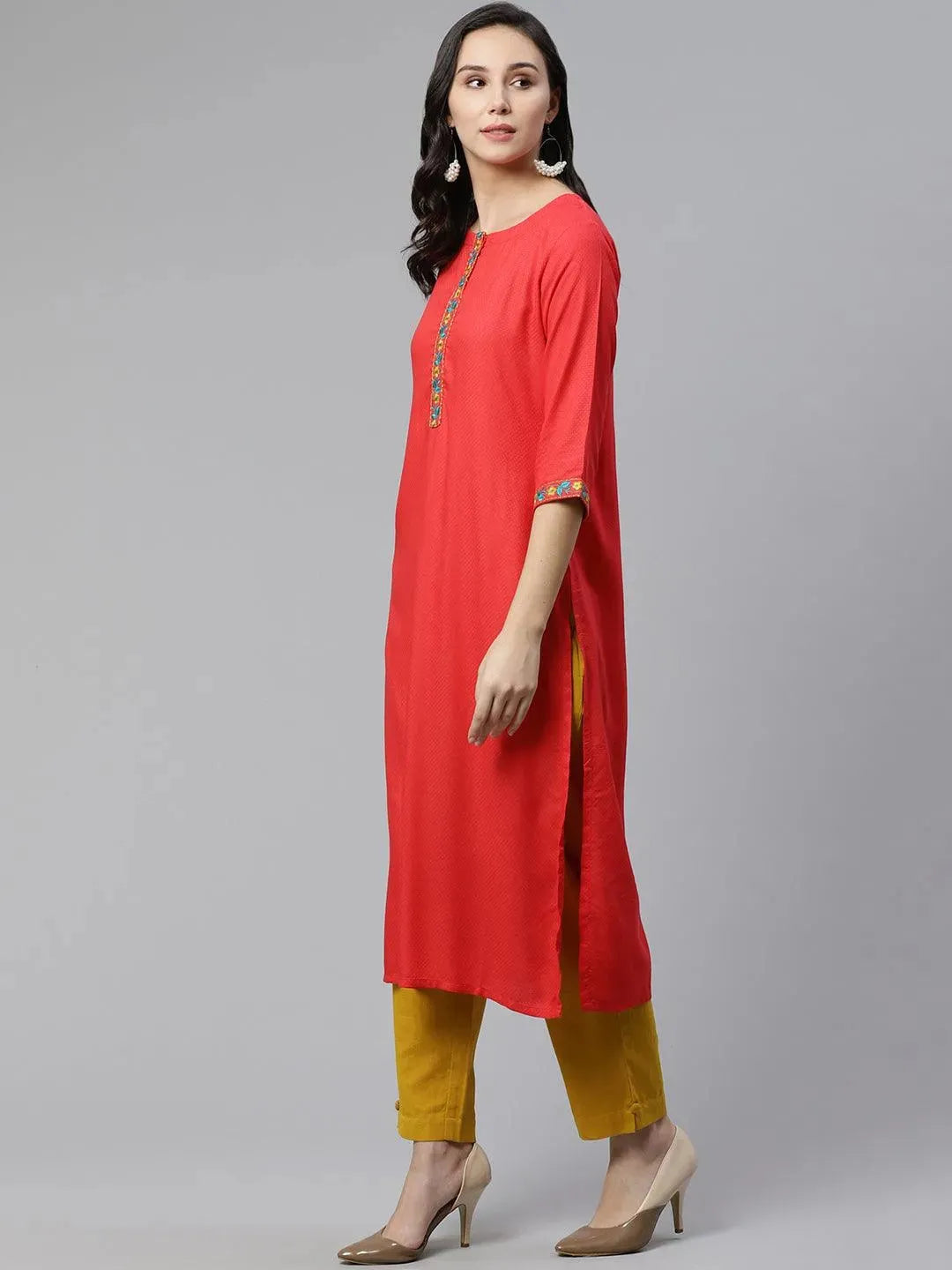 Red Woven Design Rayon Kurta - Libas