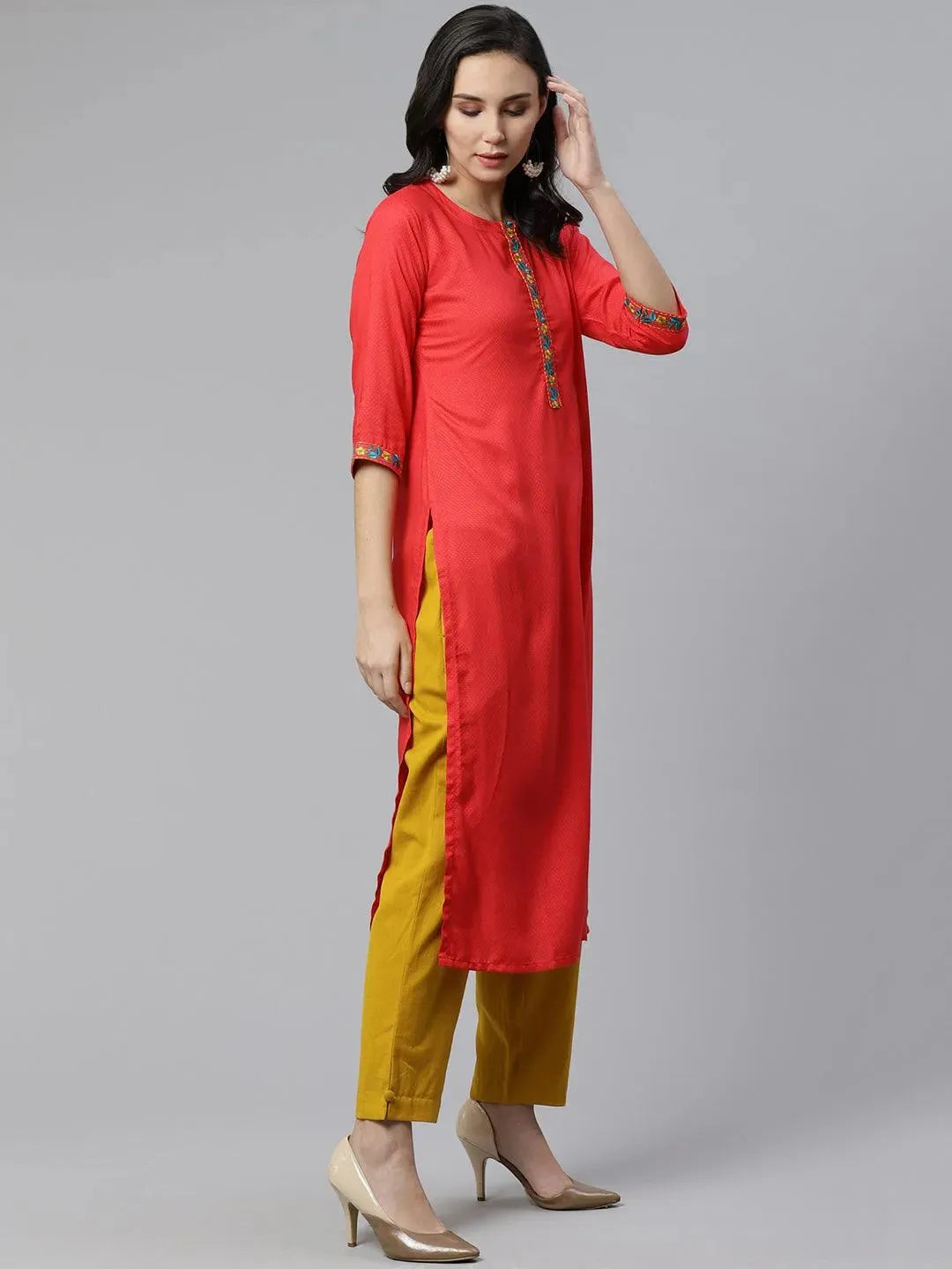 Red Woven Design Rayon Kurta - Libas