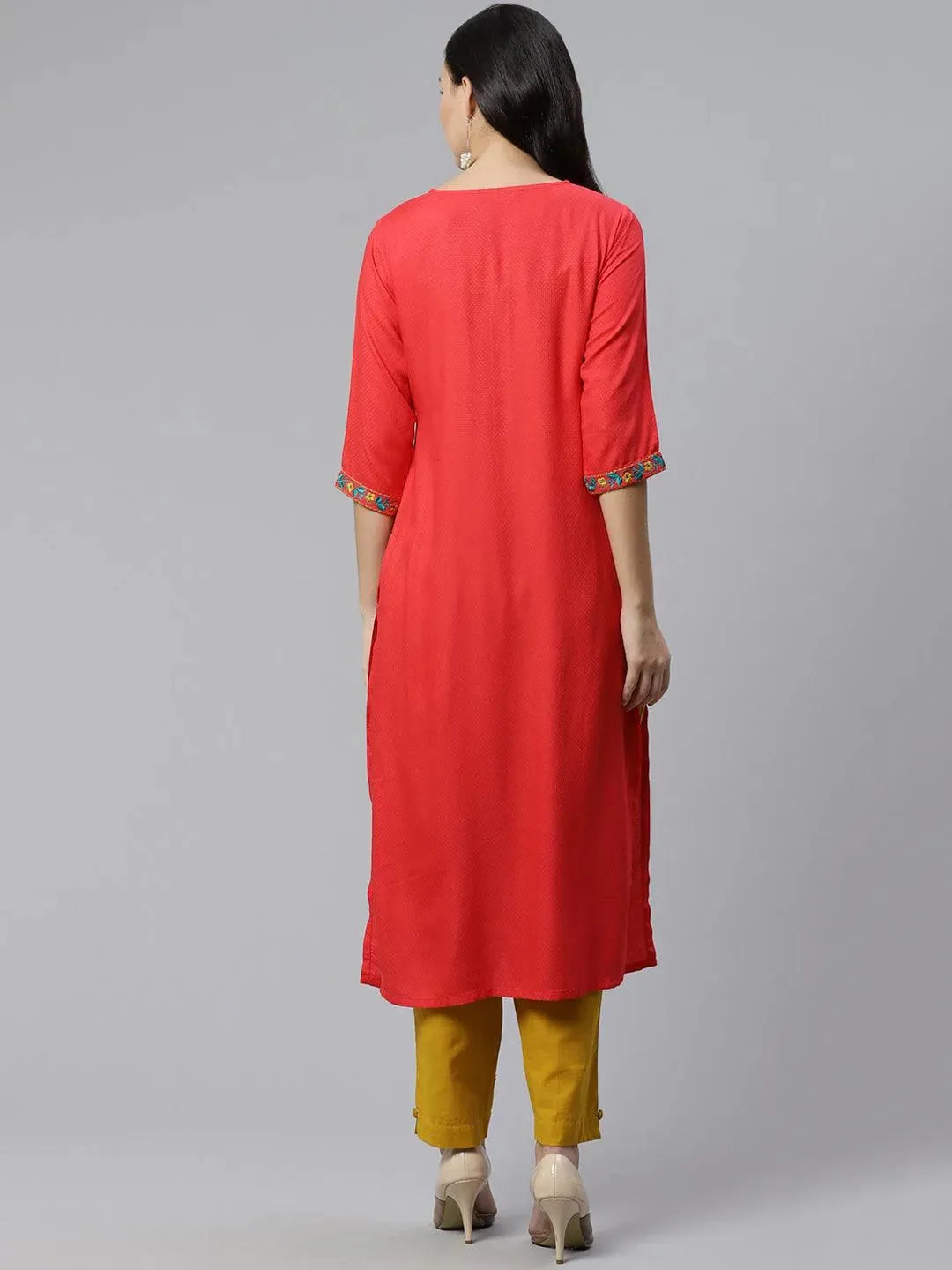 Red Woven Design Rayon Kurta - Libas