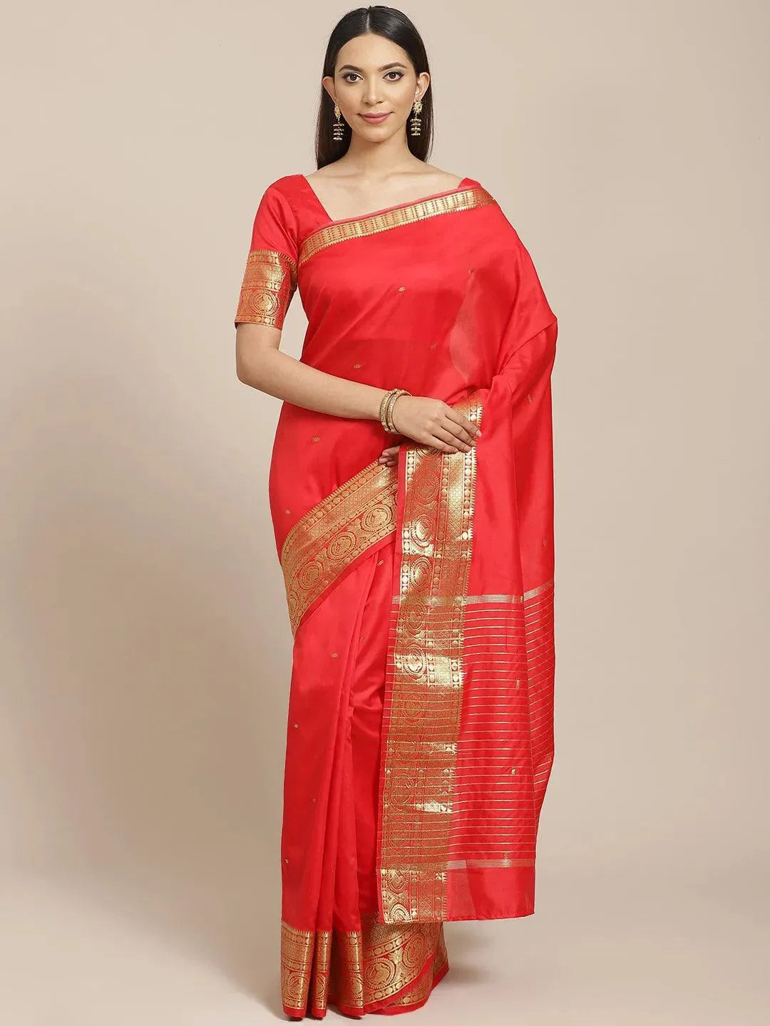 Red Woven Design Silk Blend Saree - Libas
