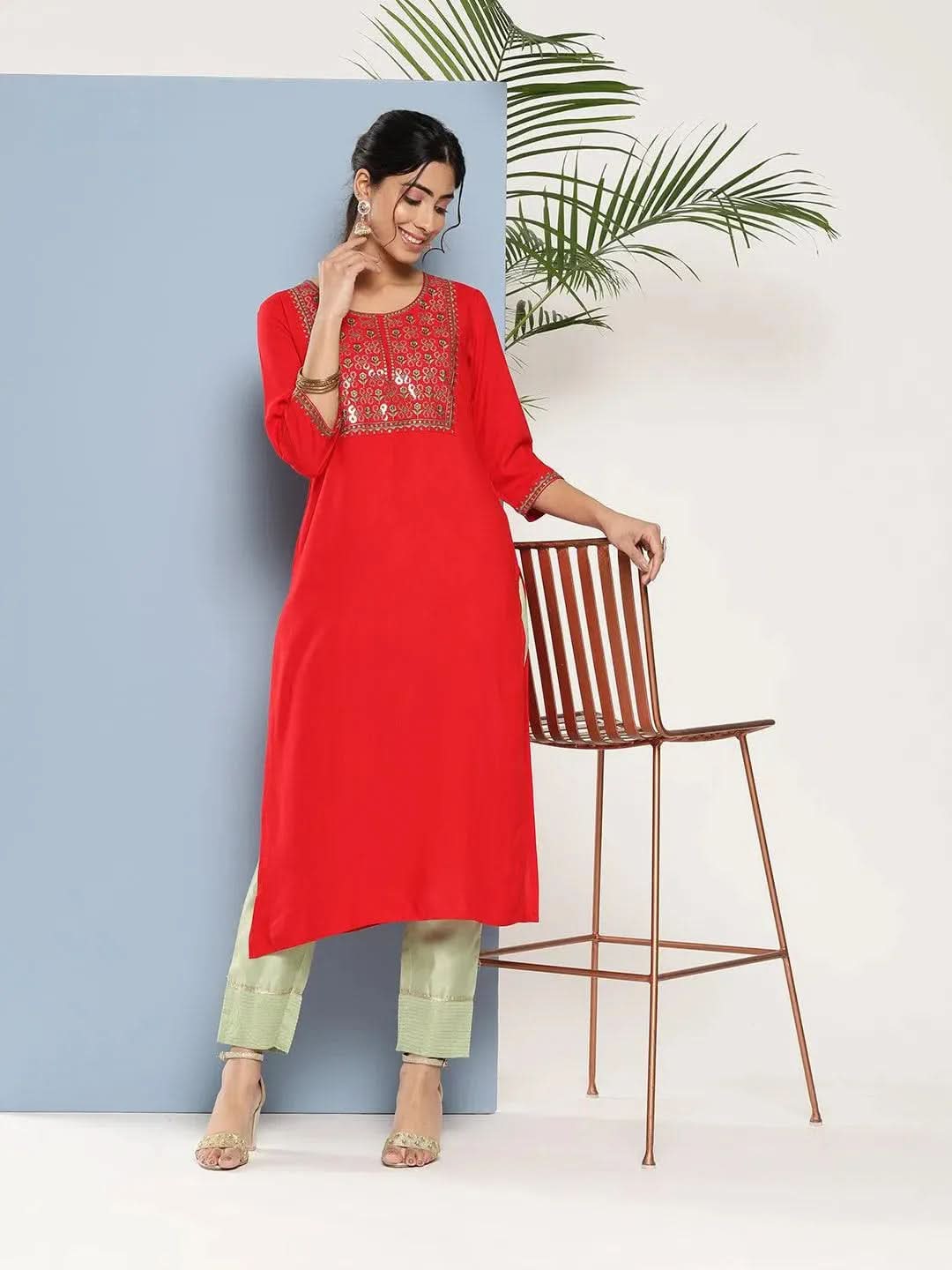 Red Yoke Design Rayon Straight Kurta - Libas