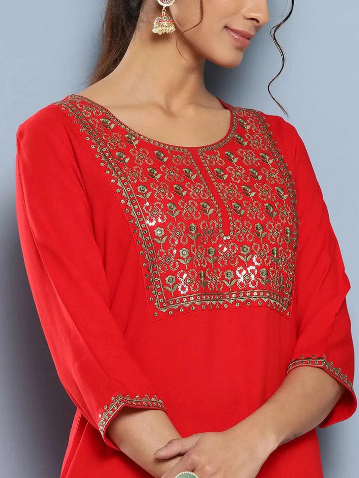 Red Yoke Design Rayon Straight Kurta - Libas