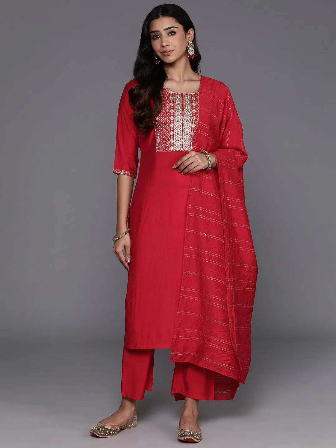 Red Yoke Design Silk Blend Straight Kurta With Trousers & Dupatta - Libas