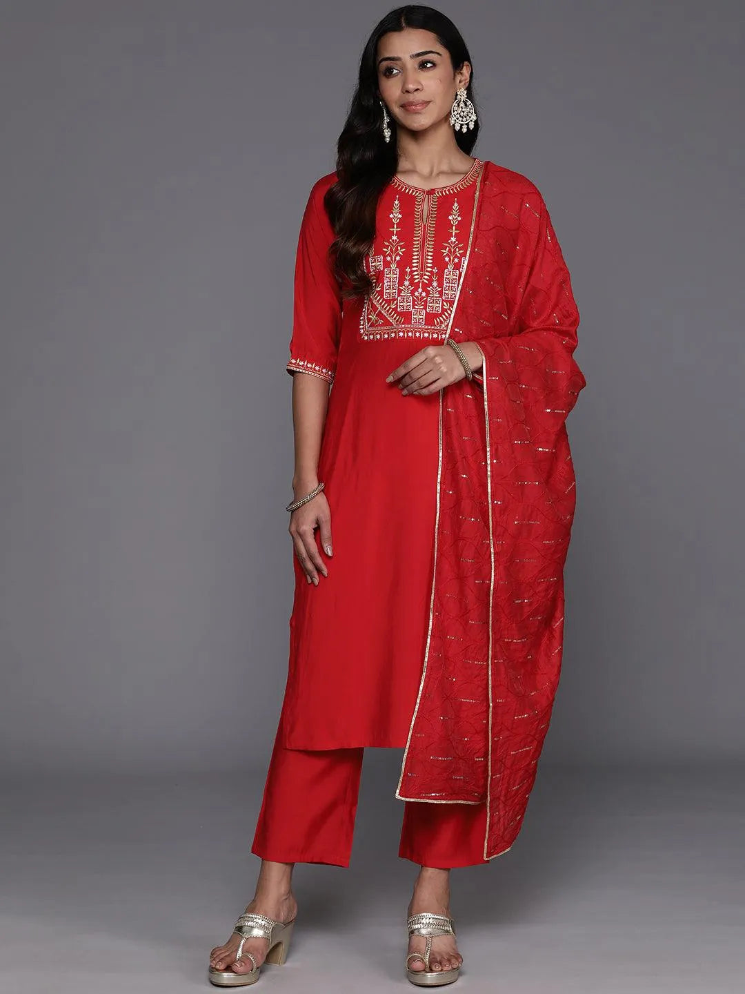Red Yoke Design Silk Blend Straight Kurta With Trousers & Dupatta - Libas