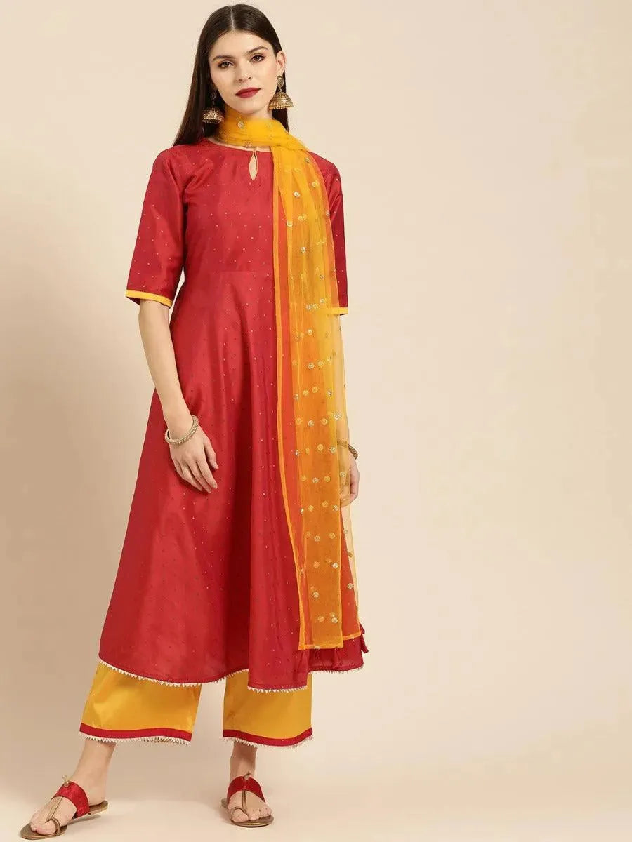 Red Zari Work Chanderi Silk Anarkali Kurta With Palazzos & Dupatta
Red Zari Work Chanderi Silk Anarkali Kurta With Palazzos & Dupatta