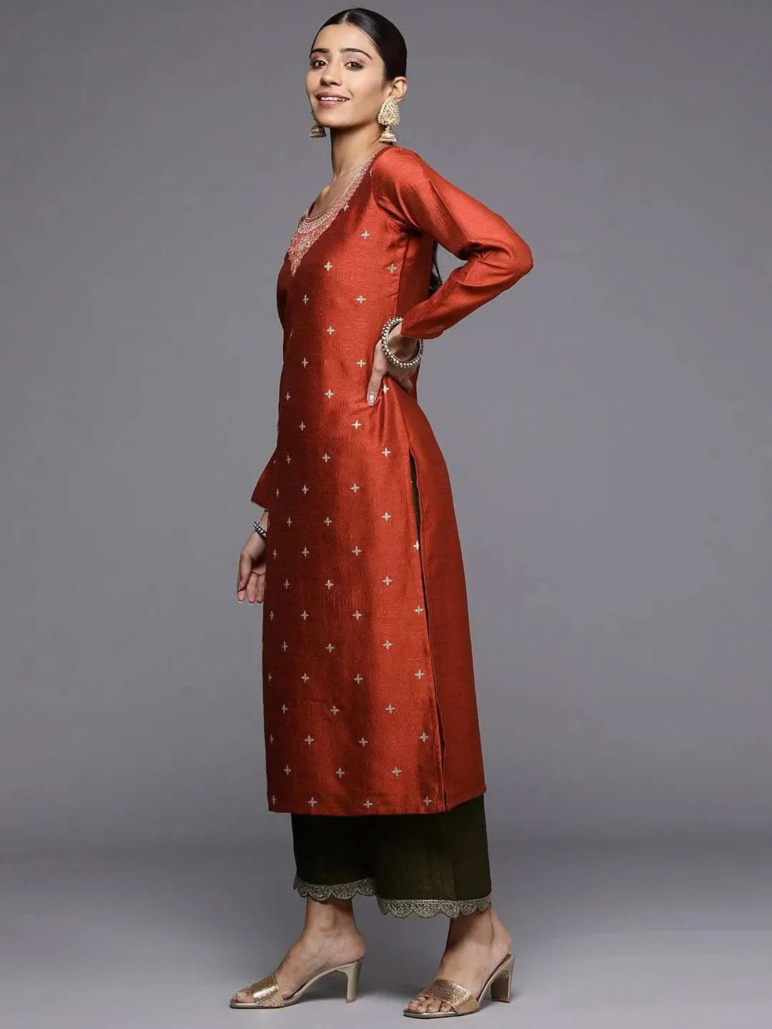 Rust Embroidered Silk Straight Kurta - Libas