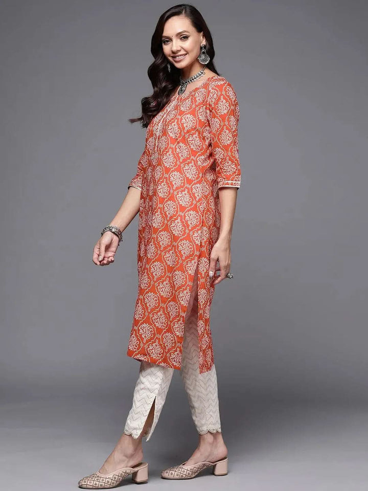 Rust Printed Cotton Straight Kurta - Libas