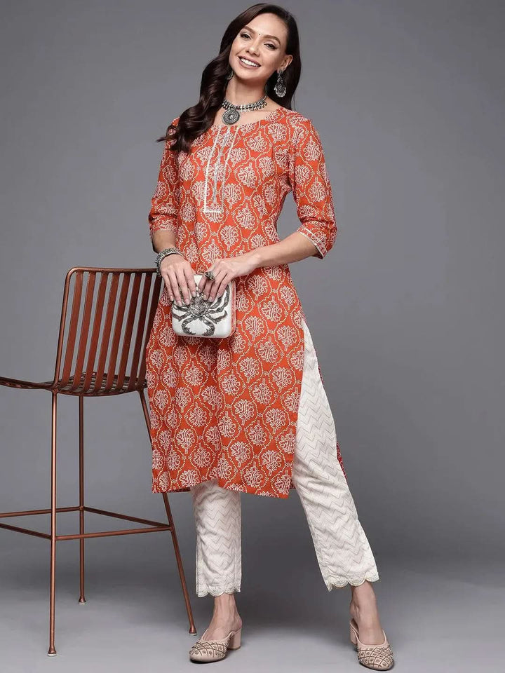 Rust Printed Cotton Straight Kurta - Libas